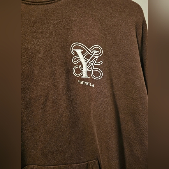 YOUNGLA Brown Embroidered Logo Bling Hoodie Pullover Men's Size M - Picture 2 of 9